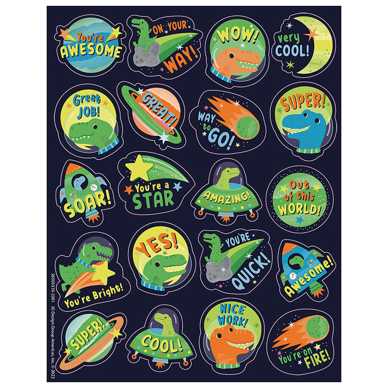 Dinosaurs galore! These fun and colorful "Dinosaur Breath" (green apple) scented stickers are sure to be a favorite among students, teachers, and parents! Features fun sticker poses of dinosaurs in space, each with a long-lasting smell.  Add to graded assignments, classroom crafts, letters, party invites, cards, rewards, and more!

Includes 80 scented self-adhesive stickers per pack. Individual sticker size varies slightly by design.