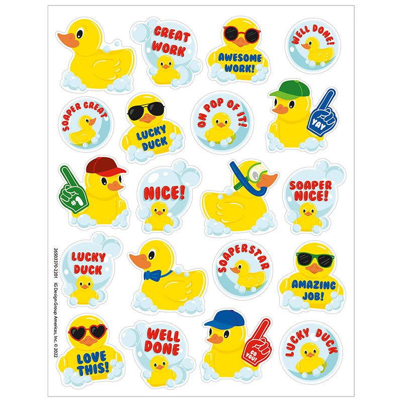 Quack students and children up with these pun-filled rubber duckies! These fun and colorful scented stickers feature adorable rubber duckies in a long-lasting bubble bath scent! Sure to be a favorite among students, teachers, and parents!  Add to graded assignments, classroom crafts, letters, party invites, cards, rewards, and more!

Includes 80 scented self-adhesive stickers per pack. Individual sticker size varies slightly by design.