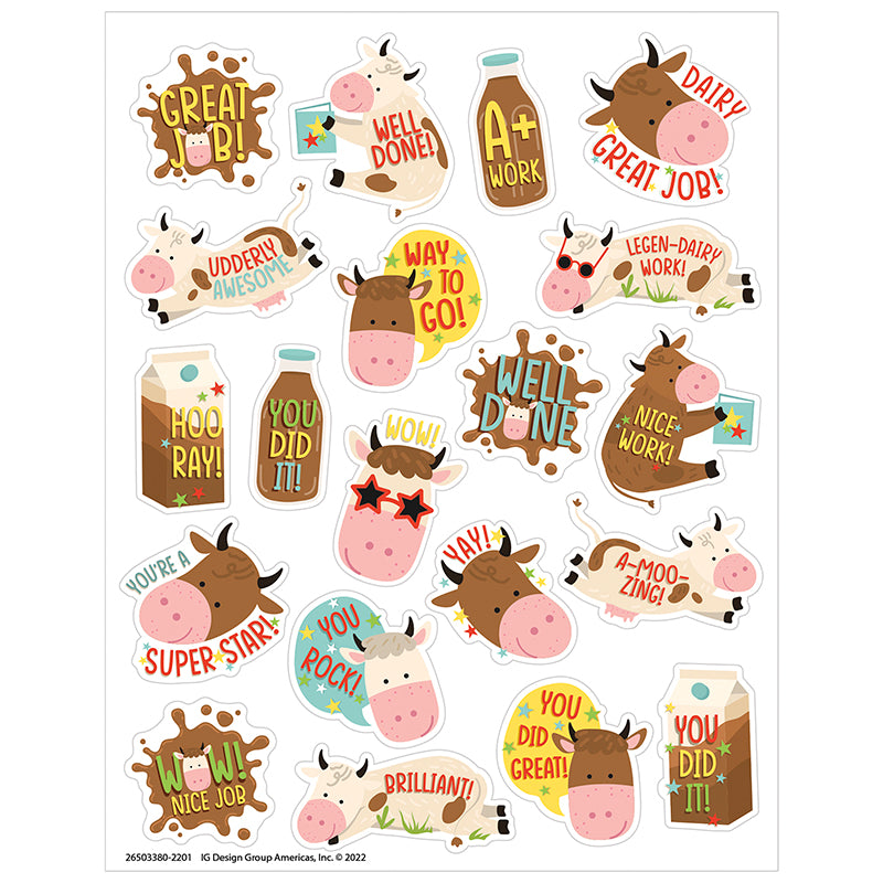 Reward students and children with these udderly adorable chocolate milk scented stickers, featuring adorable brown cows in a long-lasting scent! Sure to be a favorite among students, teachers, and parents!  Add to graded assignments, classroom crafts, letters, party invites, cards, rewards, and more!

Includes 80 scented self-adhesive stickers per pack. Individual sticker size varies slightly by design.