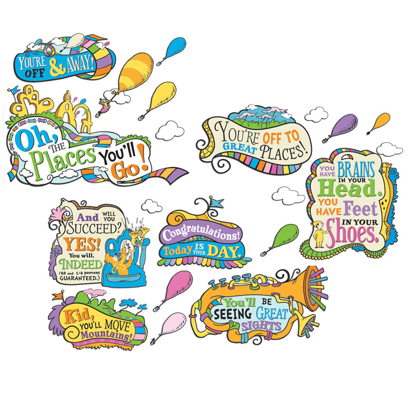 Eureka Bulletin Board Sets are a great way to add creativity to bulletin boards, hallways, walls and classroom space with fun designs and themes. 27 piece set includes: 8 Quotes (ranging in size from 16 1/4" x 8 1/8" to 23 1/4" x 16 1/4"), 11 Hot Air Balloons  (ranging in size from 1 5/8" x 4 3/8" to 2 3/4" x 7 1/4")and 8 Clouds (ranging in size from 3" x 2 1/8" to 5 3/8" x 3").