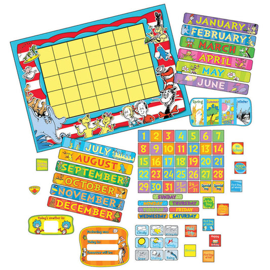 Teach and keep track of the days of the week and month with a 122 piece Eureka Bulletin Board Set. Set includes:  Extra Large Calendar Grid (measuring 34" x 24"), 12 Month Headers (measuring 16" x 2 1/4"), 7 Days of the Week Labels (measuring 6 3/8" x  1") , Dates (measuring 2 7/16" x 2 1/2") , Special Day Markers (measuring 2 7/16" x 2 1/2"), Season Indicator (measuring 13 1/2" x 5 7/8") and a Weather Indicator (measuring 9 3/4" x 4 1/4").