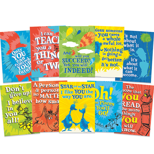 Eureka Bulletin Board Sets are a great way to add creativity to bulletin boards, hallways, walls and classroom space with fun designs and themes. 10 piece set includes 5 panels with: 10 tie-dye posters with motivational phrases from your favorite Dr. Seuss books & characters! 