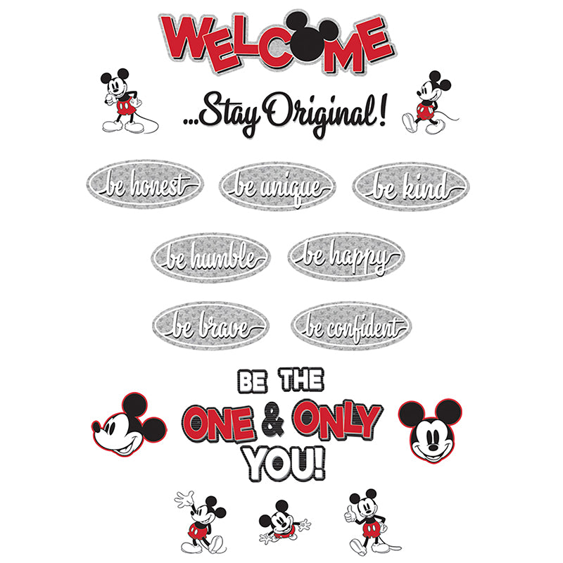 Teach and encourage positive behaviors and responsibility in your classroom with a Eureka Mini Bulletin Board Set. 22 Piece Set Includes: 1 Welcome Sign, 1 Stay Original Sign, 7 Ways to Stay Original, 7 Mickey Poses, and a 6 piece die-cut phrase that spells out "Be the One & Only You!"