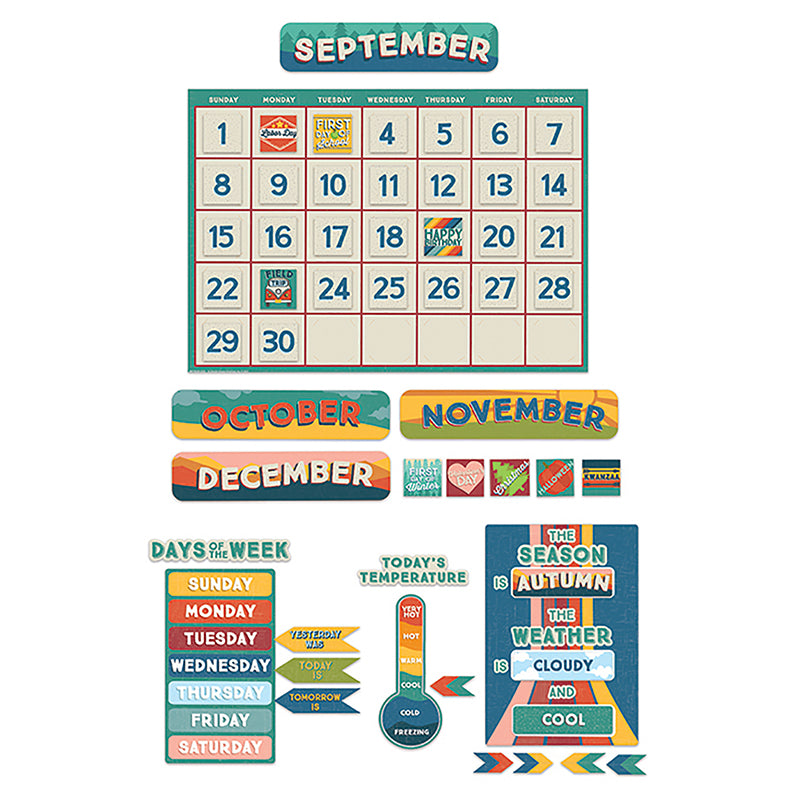 Eureka Bulletin Board Sets are a great way to add creativity to bulletin boards, hallways, walls and classroom space with fun designs and themes. 110 Piece Set Includes 5 Panels with: 1 Giant Calendar (17" x 24"), 12 Month Headings, 33 Dates, 37 Special Days, 1 Days of the Week Chart with Today Is, Yesterday Was, and Tomorrow Is Indicators, 1 Seasonal Chart with Various Weather Indicators, and 1 Temperature Indicator with Header and Arrow Indicators.
