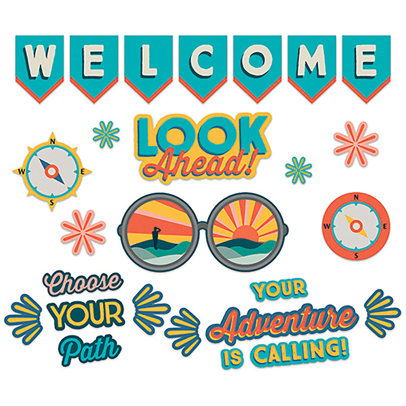 Eureka Bulletin Board Sets are a great way to add creativity to bulletin boards, hallways, walls and classroom space with fun designs and themes. 26 Piece Set Includes 4 Panels with: 7-piece Welcome Pennant, 8 Die-Cut Words/Phrases, 1 Pair of Die-Cut Glasses, and 10 various Die-Cut Pieces.