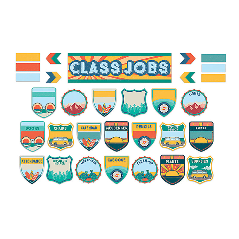 Teach and encourage positive behaviors and responsibility in your classroom with a 57 Piece Eureka Class Jobs Mini Bulletin Board Set. Set Includes 8 Panels With: 1 Class Jobs Header, 15 Class Job Badges, 5 Blank Class Job Badges, 32 Name Plates, and 4 Die-Cut Arrows. 
