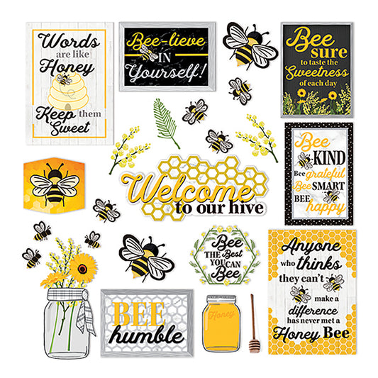 Eureka Bulletin Board Sets are a great way to add creativity to bulletin boards, hallways, walls and classroom space with fun designs and themes. 34 Piece Set Includes 4 Panels with: 1 Welcome Header, 6 Motivational Posters, 9 Flying Bees, 3 Honeycomb Accent Pieces, and 15 Various Die-Cut Pieces. 