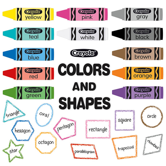 Eureka Bulletin Board Sets are a great way to add creativity to bulletin boards, hallways, walls and classroom space with fun designs and themes. 28 piece set includes 5 panels with: 12 crayons marked with the names of the colors, 4 piece "Colors and Shapes" header with Crayola logo, 12 shapes marked with names.