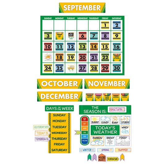 Eureka Bulletin Board Sets are a great way to add creativity to bulletin boards, hallways, walls and classroom space with fun designs and themes. 99 piece set includes 5 panels with: 1 giant calendar, 12 month headings, 33 dates, 37 special days, 1 days of the week chart, and season and weather indicators. 