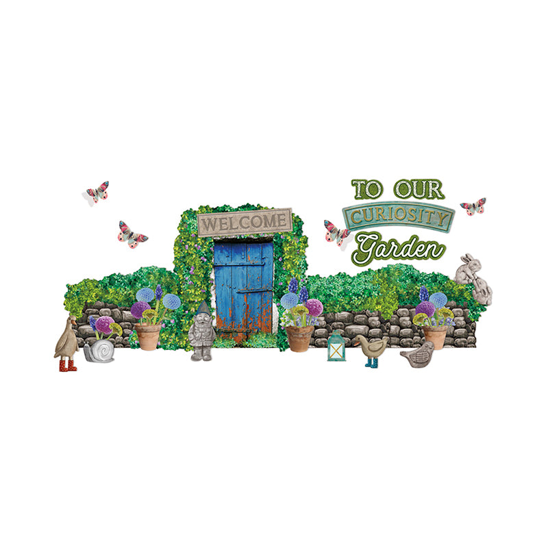 Eureka Bulletin Board Sets are a great way to add creativity to bulletin boards, hallways, walls and classroom space with fun designs and themes. 50 Piece set includes 5 panels with: 1 large door (11" x 17"), 20 flowers, 5 words & phrases, 10 garden characters & icons, 7 hedges, 3 stone wall rows, and 4 dimensional butterflies.