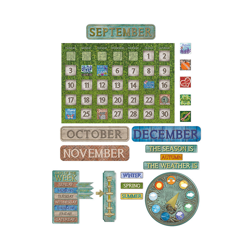 Eureka Bulletin Board Sets are a great way to add creativity to bulletin boards, hallways, walls and classroom space with fun designs and themes. 97 piece set includes 5 panels with: 1 giant calendar, 12 month headings, 33 dates, 37 special days, 1 days of the week chart with Today Is, Yesterday Was, and Tomorrow Is indicators, 1 temperature thermometer with indicator, a weather sundial with "The Weather Is" head and indicator, and a "The Season Is" header with seasons. 