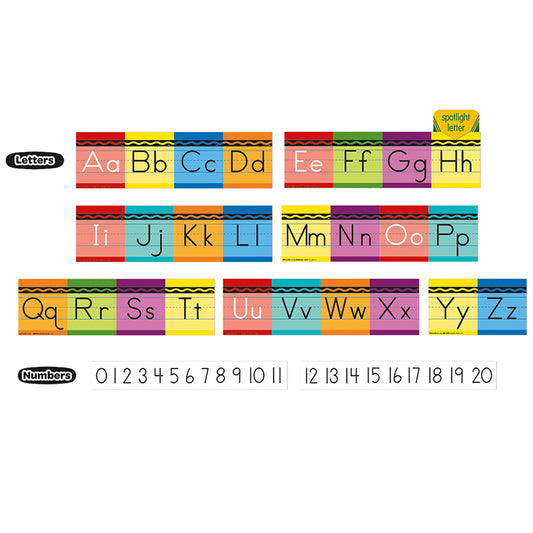 Provide a visual alphabet reference for your students (with a little help from Crayola!) with this 31 piece Eureka Mini Bulletin Board Set. Set Includes 8 panels with: 26 letter pieces, 1 number line 0-20 (2 pieces), 1 spotlight letter indicator, 1 "Letters" header,  and 1 "Numbers" header.