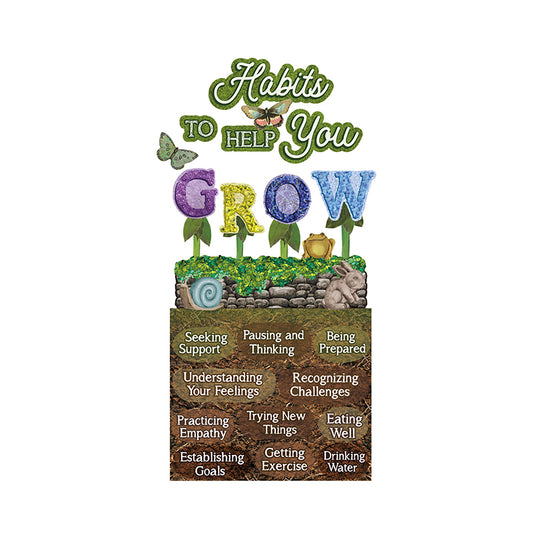 Help establish habits to help your students grow with a 20 piece Eureka Mini Bulletin Board Set. Set Includes 7 panels with: 4 piece header, 4 die-cut letters (GROW), 10 garden icons, and 2 habit panels.  
