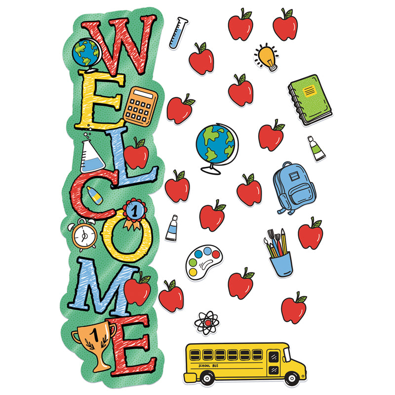 Create a warm welcome for your students and classroom visitors using Eureka School All-In-One Door Décor Kits! 40 piece set includes 24 Paper Cut Outs, 15 Assorted Decorative Pieces, and 1 Die Cut 45" Banner With Foil. 